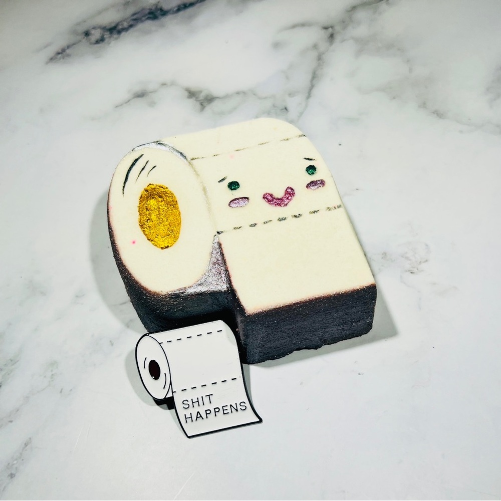 Cute Toilet Paper Themed Bath Bomb with keepsake “Sh!t Happens” Enamel Pin